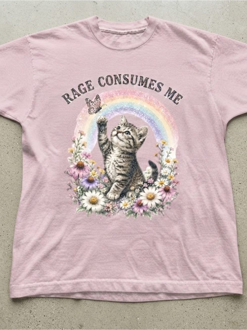 Cute Kitten Rainbow Flowers Graphic Art Text Print Gildan T-Shirt